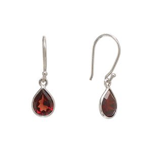 Earring, Create Compliments®, garnet (natural) and rhodium-plated sterling silver, 23mm teardrop with fishhook ear wire, 21 gauge. Sold per pair.