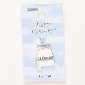 Charm, steel and enamel, pkg/1, silver finish and black, 22x16mm with "Alabama."