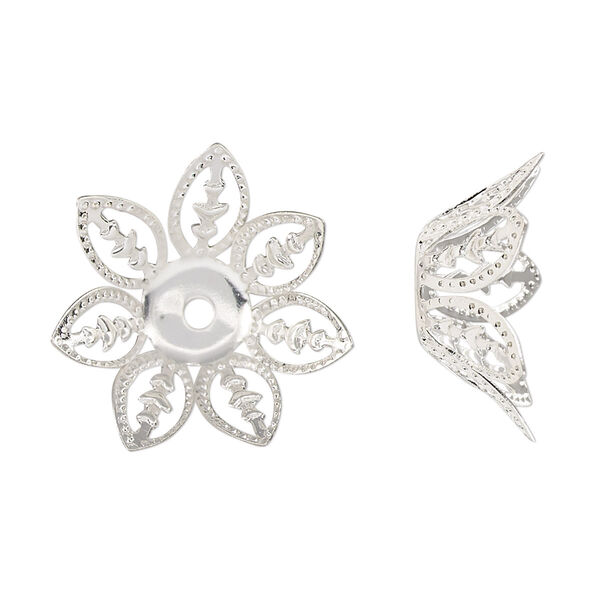 Bead cap, silver-finished steel, 20.5x8mm leaves, fits 14-16mm round bead. Sold per pkg of 20. image number 0