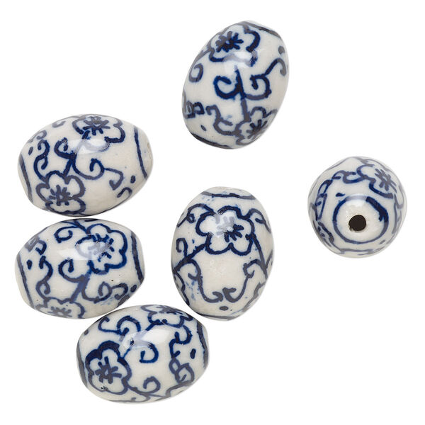 Bead, porcelain, blue and white, 18x13mm-19x14mm oval with flower design. Sold per pkg of 6. image number 0