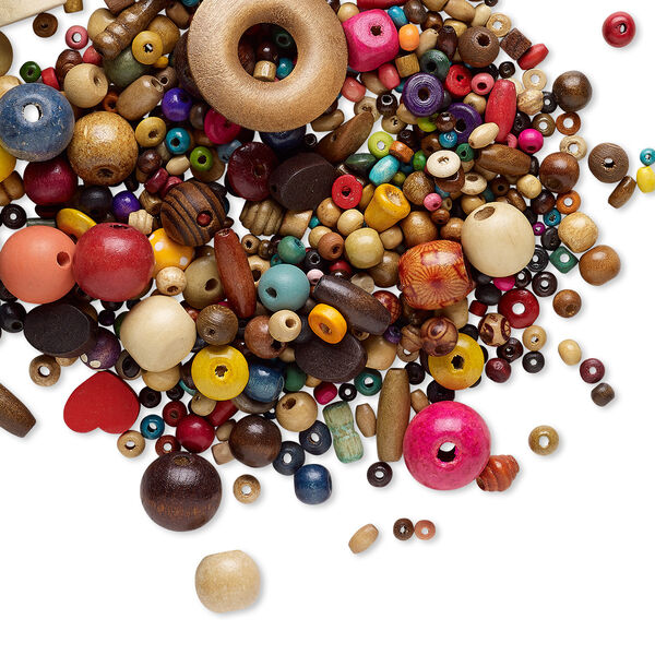 Bead mix, wood (natural / dyed), mixed colors, 4x3mm-40x20mm mixed shape. Sold per 100-gram pkg, approximately 320-560 beads. image number 0
