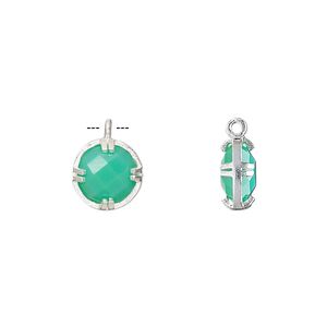 Drop, chalcedony (dyed) and sterling silver, sea green, 10mm double-sided faceted round. Sold individually.