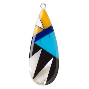 Focal, mother-of-pearl shell / resin / silver-finished copper, turquoise blue / orange / dark blue, 42x18mm single-sided flat teardrop. Sold individually.