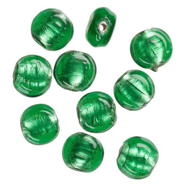 Bead, lampworked glass, opaque green, 12x7mm-10x6mm flat round with silver-colored foil. Sold per pkg of 10. image number 0