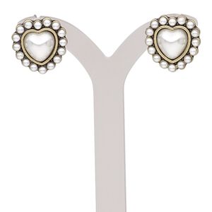Earring, acrylic pearl with antique gold-finished steel and "pewter" (zinc-based alloy), white and grey, 15x15mm heart and post. Sold per pair.