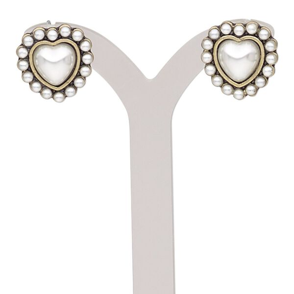 Earring, acrylic pearl with antique gold-finished steel and "pewter" (zinc-based alloy), white and grey, 15x15mm heart and post. Sold per pair. image number 0
