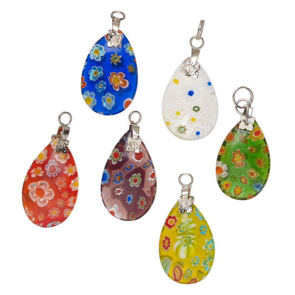 Drop mix, millefiori glass and silver-finished steel 1pkg6, translucent multicolored, 23x14mm-25x16mm puffed teardrop. image number 0