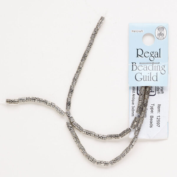 Bead, antique silver-finished "pewter" (zinc-based alloy), 7x3mm corrugated round tube with swirl design. Sold per pkg of 36. image number 0