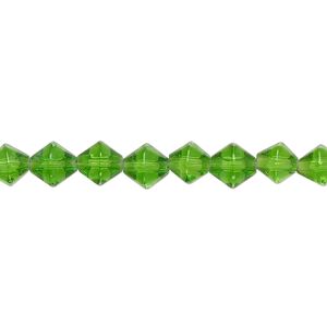 Bead, glass, transparent spring green, 6mm faceted bicone. Sold per 13-inch strand.