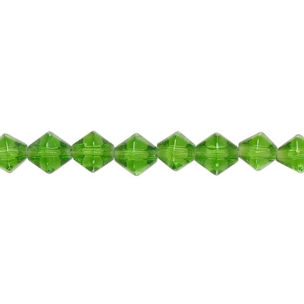 Bead, glass, transparent spring green, 6mm faceted bicone. Sold per 13-inch strand. image number 0