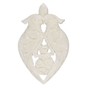 Focal, camel bone (bleached), white, 55x35mm side-drilled double parrot, Mohs hardness 2-1/2. Sold individually.