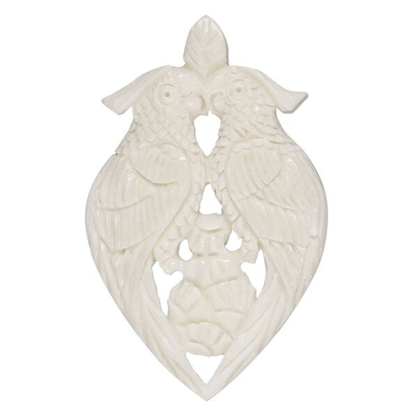 Focal, camel bone (bleached), white, 55x35mm side-drilled double parrot, Mohs hardness 2-1/2. Sold individually. image number 0