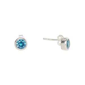 Earstud, Create Compliments®, cubic zirconia and sterling silver, sky blue topaz, 6.5mm round. Sold per pair.