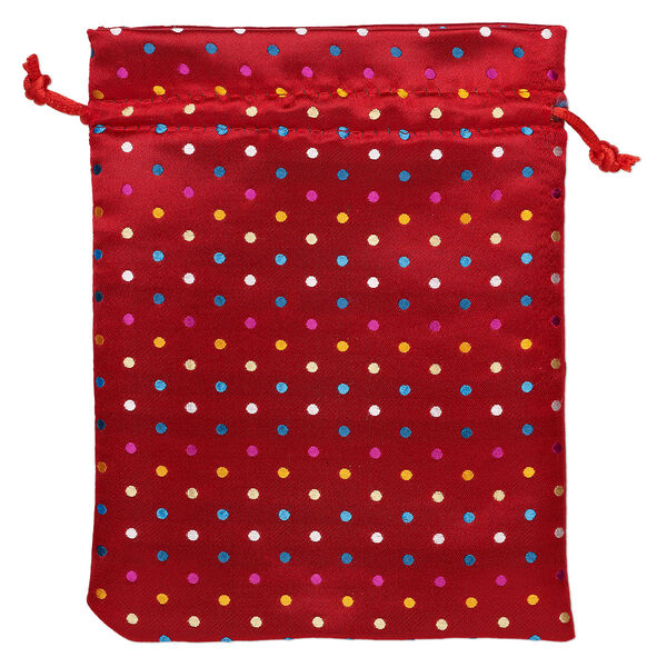Pouch, nylon, red and multicolored, 7-1/2 x 5-3/4 inches with polka dot design, drawstring closure. Sold individually. image number 0