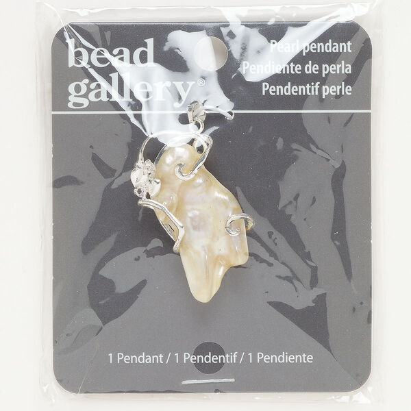 Pendant, silver-finished "pewter" (zinc-based alloy) and blister pearl (bleached), 41x30mm. Sold individually. image number 0
