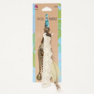 Tassel 1pkg1, antique brass-finished brass and steel / feather / acrylic / cotton, mixed colors, 4 inches with hinged bail.