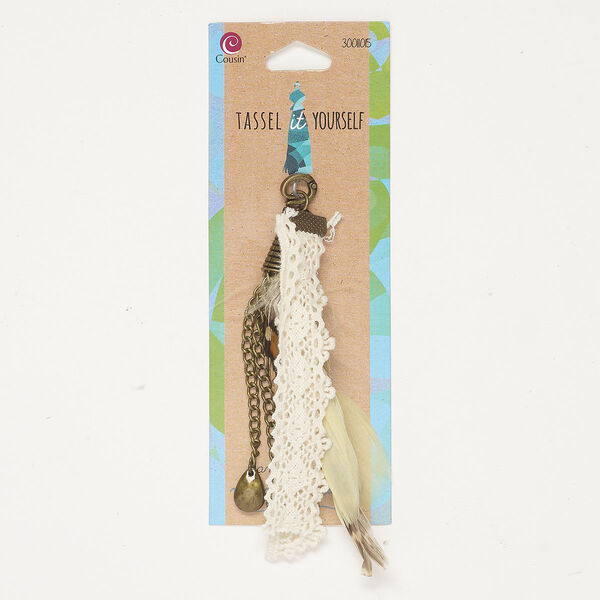 Tassel 1pkg1, antique brass-finished brass and steel / feather / acrylic / cotton, mixed colors, 4 inches with hinged bail. image number 0