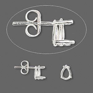 Earstud 1pkg2 Sure-Set™ sterling silver, 7x5mm pear pre-notched 4-prong basket-style setting / earnuts, 1 pair
