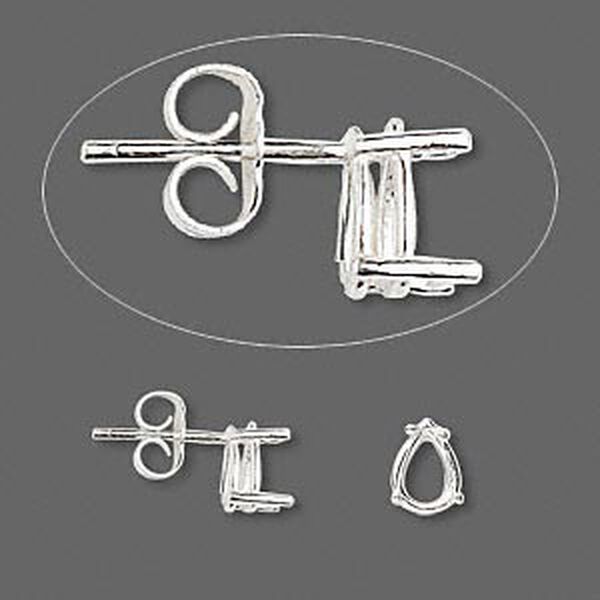 Earstud, Sure-Set™, sterling silver, 7x5mm with 4-prong pear basket setting. Sold per pair. image number 0
