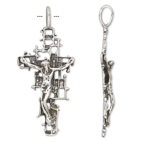 Pendant, antiqued sterling silver, 46x20mm modern crucifix. Sold individually. image number 0