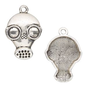 Charm, antique silver-finished "pewter" (zinc-based alloy), 24x19mm single-sided gas mask. Sold per pkg of 4.