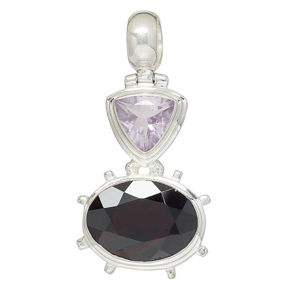 Pendant, lavender amethyst (natural) / garnet (natural) / sterling silver, 38x27mm oval and triangle. Sold individually. image number 0