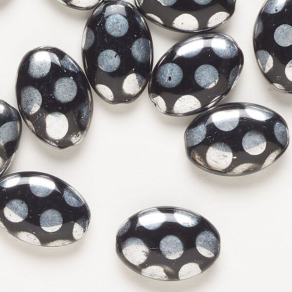 Bead, glass, pkg/20, 16x11mm puffed oval, opaque silver and black with dot pattern. image number 0