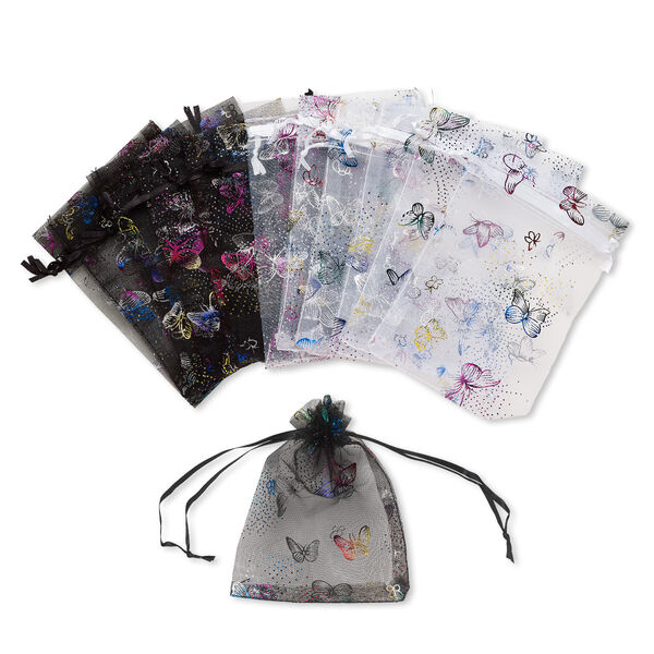 Pouch, organza, black / white / multicolored, 5-1/2 x 3-3/4 inches with butterfly pattern and drawstring closure. Sold per pkg of 12. image number 0