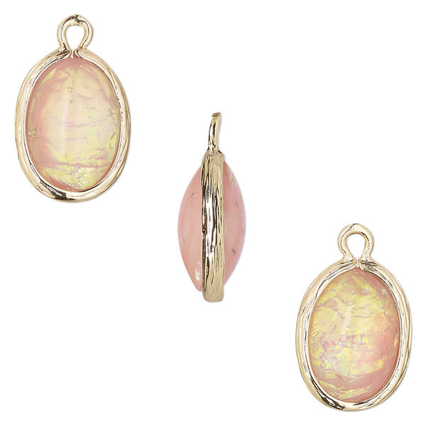 Drop, Opalized Ice™, "opal" (resin) and gold-finished brass, light pink, 16x12mm double-sided oval. Sold per pkg of 4. image number 0