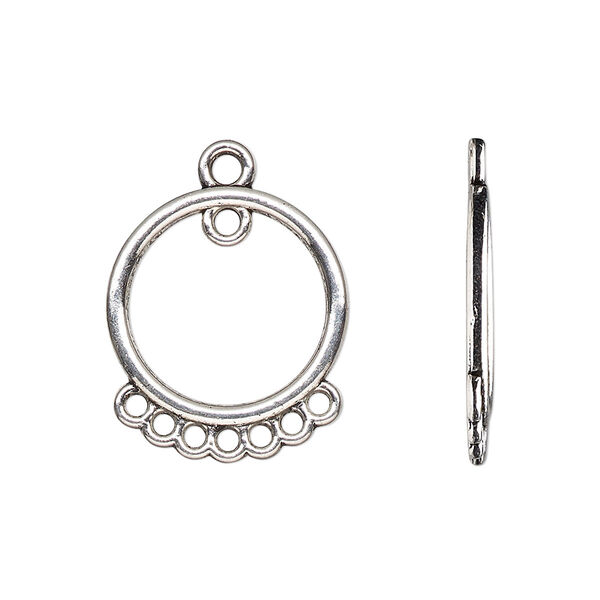 Drop, antique silver-finished "pewter" (zinc-based alloy), 18mm single-sided open round with 8 closed loops. Sold per pkg of 20. image number 0