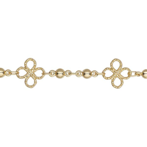 Chain, gold-finished brass, 8mm clover with 3mm bead. Sold per pkg of 5 feet. image number 0