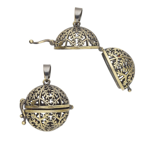 Drop, antique brass-finished brass, 24mm round bead cage with cutout snowflake design and safety latch, fits up to 17mm bead. Sold individually. image number 0