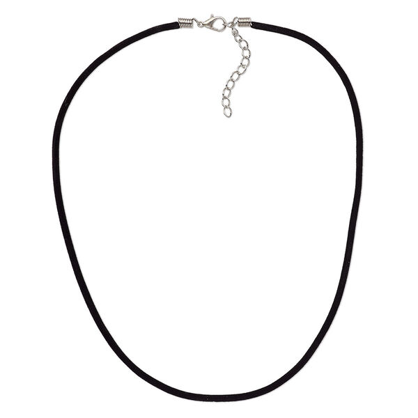 Necklace cord, velveteen with imitation rhodium-finished steel and "pewter" (zinc-based alloy), black, 3mm wide, 20 inches with 1-1/2 inch extender chain and lobster claw clasp. Sold per pkg of 3. image number 0