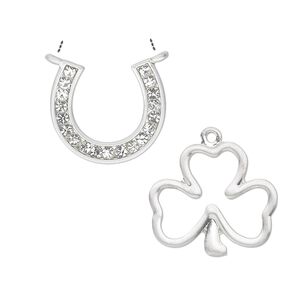 Link and charm, enamel / glass rhinestone / silver-finished "pewter" (zinc-based alloy), clear, (2) 20x19mm single-sided horseshoe and (2) 25x22mm double-sided open 3-leaf clover. Sold per pkg of 4.