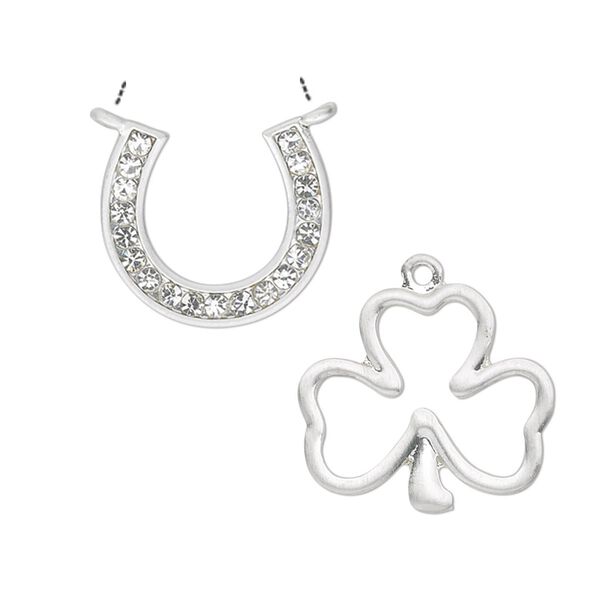 Link and charm, enamel / glass rhinestone / silver-finished "pewter" (zinc-based alloy), clear, (2) 20x19mm single-sided horseshoe and (2) 25x22mm double-sided open 3-leaf clover. Sold per pkg of 4. image number 0