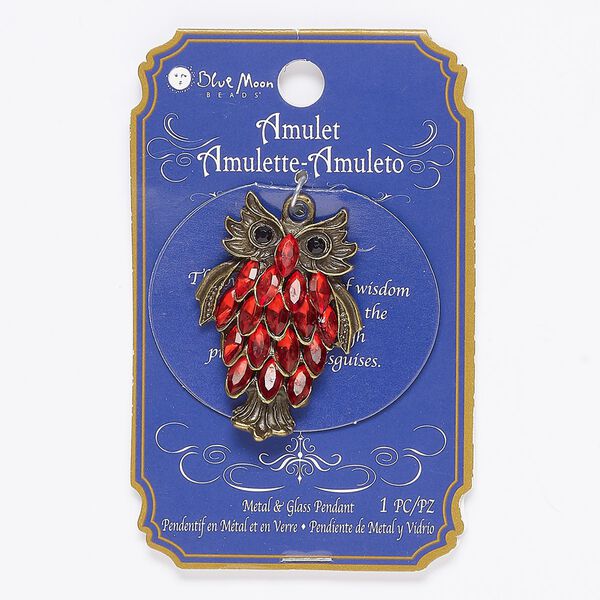 Focal, glass / acrylic / antique brass-finished "pewter" (zinc-based alloy), red and black, 43x29mm owl. Sold individually. image number 0