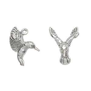 Charm, antiqued sterling silver, 18x16mm 3D hummingbird. Sold individually.