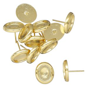 Earstud 1pkg12, 13x11mm glue in oval / 10x8mm oval glue in setting, gold-finished brass 6 pair