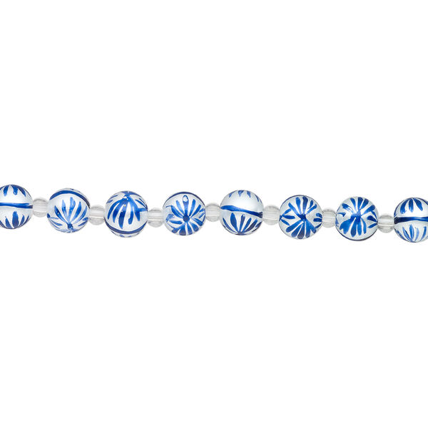 Bead, glass 1pkg8, opaque white and dark blue, 10mm hand-painted round. image number 1