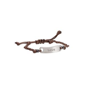 Bracelet, waxed cotton cord / gunmetal-plated brass / antique silver-plated "pewter" (zinc-based alloy), brown, 9.5mm wide with 35x9.5mm oval and "Love," adjustable from 6-1/2 to  9-1/2 inches with macramé knot closure. Sold individually.