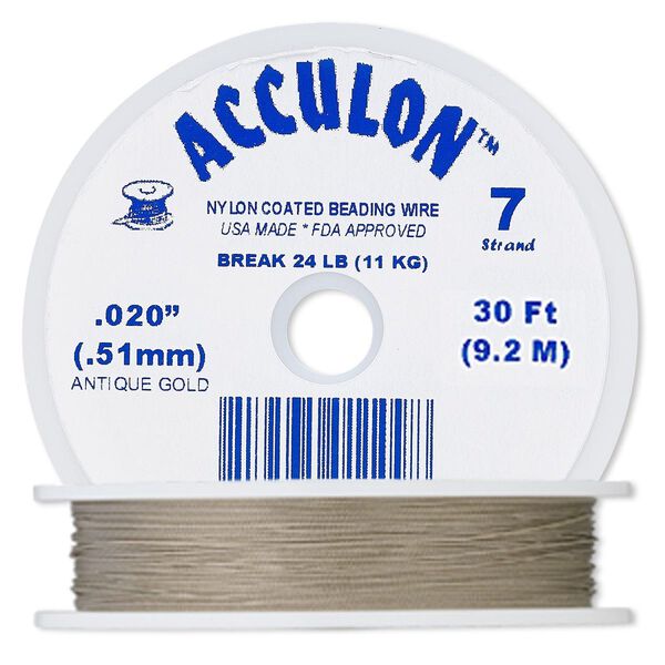Beading wire, Acculon®, nylon-coated stainless steel, gold color, 7 strand, 0.020-inch diameter. Sold per 30-foot spool. image number 0