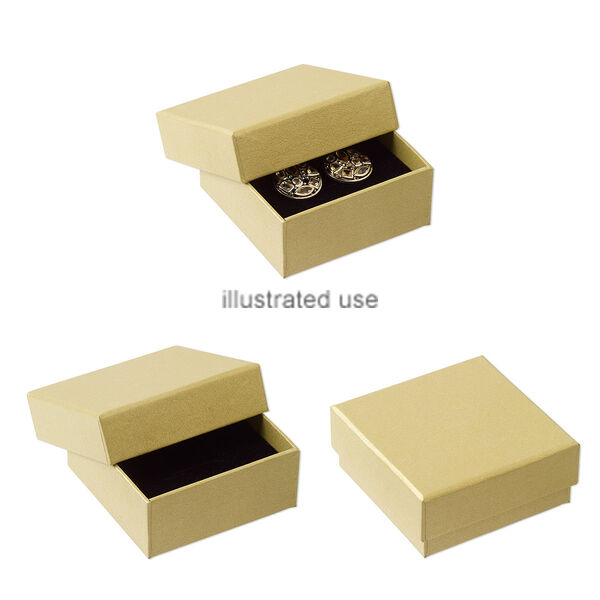Box, necklace / earring / ring, paper and flocked velveteen, gold and black, 3-1/4 x 3-1/4 x 1-3/8 inch textured square with padded foam insert. Sold per pkg of 6. image number 0