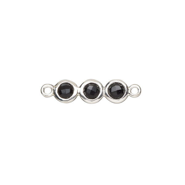 Link, sterling silver and black spinel (natural), 18x6mm double-sided overall with 6mm faceted round, Mohs hardness 8. Sold individually. image number 0