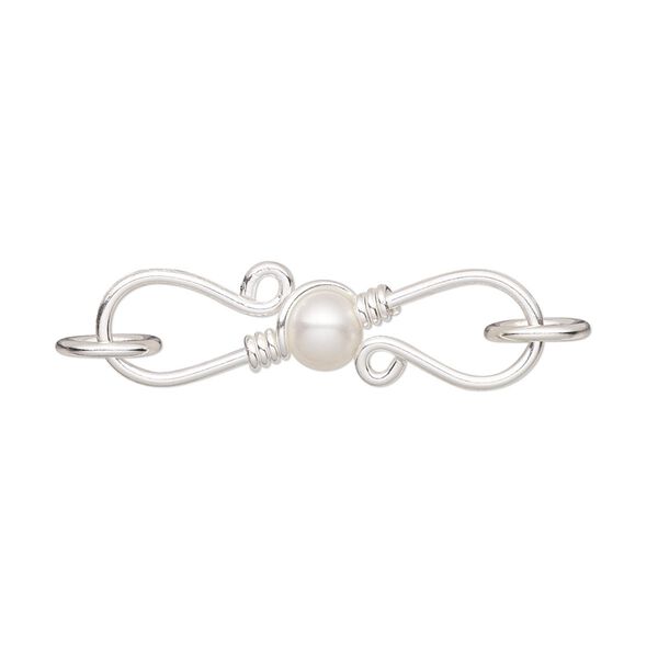 Clasp S-hook 1pkg1 sterling silver / cultured freshwater pearl, 28x6mm-30x7mm / 7mm 18 gauge closed jump ring, white 1-strand image number 0