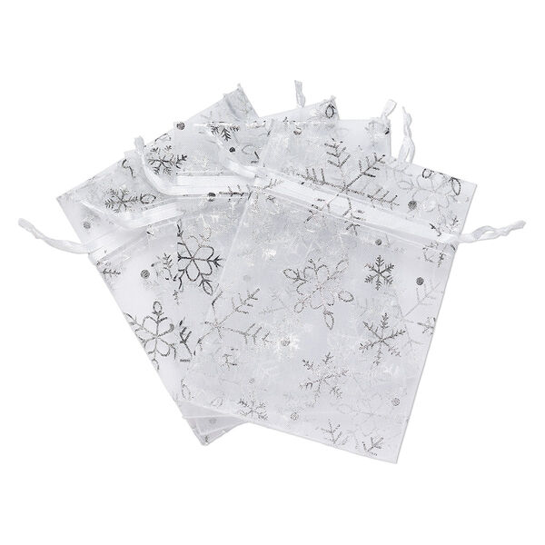 Pouch, organza, silver and white, 4-3/4 x 3-1/2 inches with snowflake pattern and drawstring closure. Sold per pkg of 4. image number 0