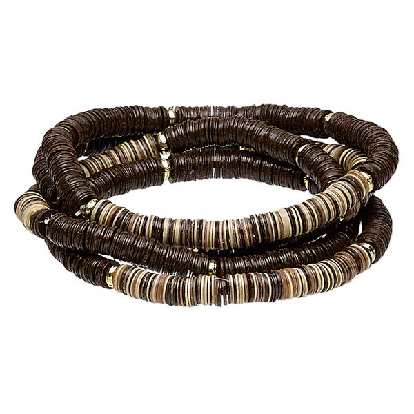 Bracelet, stretch, acrylic and gold-finished plastic, dark brown / brown / tan, 5mm wide, 6 inches. Sold per pkg of 4. image number 0