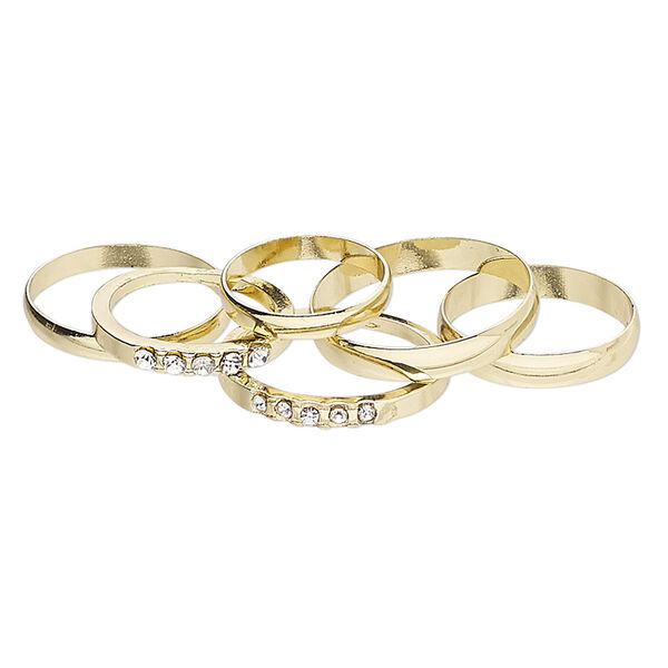 Ring mix, gold-finished brass and glass rhinestone, clear, 3-4mm wide, size 5 to 12-1/2. Sold per pkg of 6. image number 0