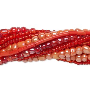 Bead mix, seed bead and bugle bead, glass, pkg/(10)14 inch, 6/0 center-drilled round, mixed mixed colors.