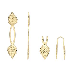 Bail, fold-over, gold-plated brass, 29x5mm Y-style with leaf and 14mm grip length. Sold per pkg of 100.