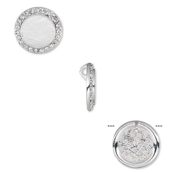 Pendant, crystals and silver-plated "pewter" (zinc-based alloy), crystal clear, 18mm round with 12mm round setting and hidden bail. Sold individually. image number 0